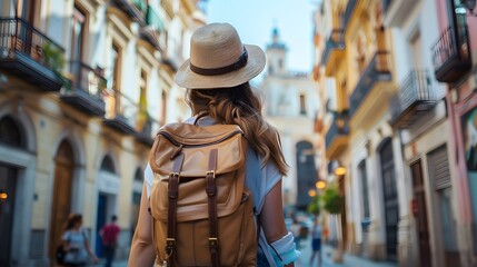 Young woman tourist wearing hat and backpack walking down the street in city center of Malaga, Spain on summer vacation. Travel concept.