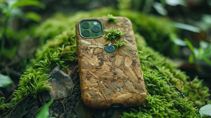 A stunningly designed, compostable phone case, crafted from natural materials, rests peacefully on a bed of vibrant moss