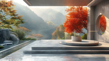 A modern, minimalistic podium on a stage with a backdrop displaying a seamless blend of technology and nature. Minimal and Simple style