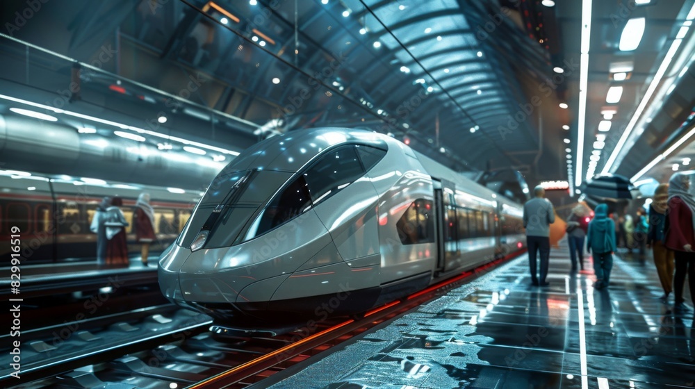 Poster passengers boarding a futuristic high-speed rail train at a bustling station, symbolizing innovation