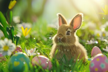 Fototapeta premium Bunny with Easter eggs on grass