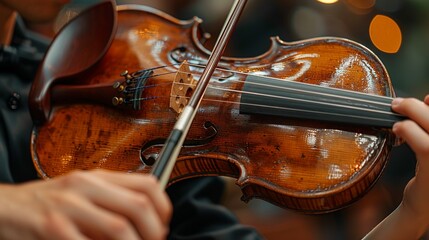 A musician's hands tuning a violin, adjusting the pegs to achieve the perfect pitch. Minimal and Simple style