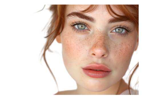 Portrait of a young woman with visible freckles emphasizing. Generative ai illustration.