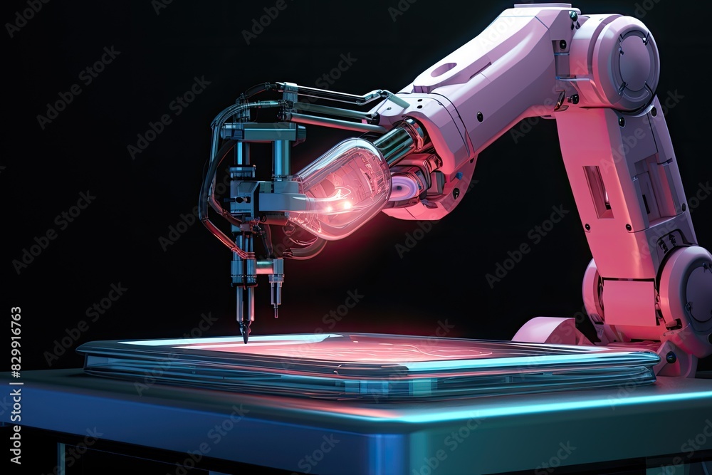 Leinwandbilder a robot is operating a laptop computer, a 3d model of a robotic arm performing surgery with delicate