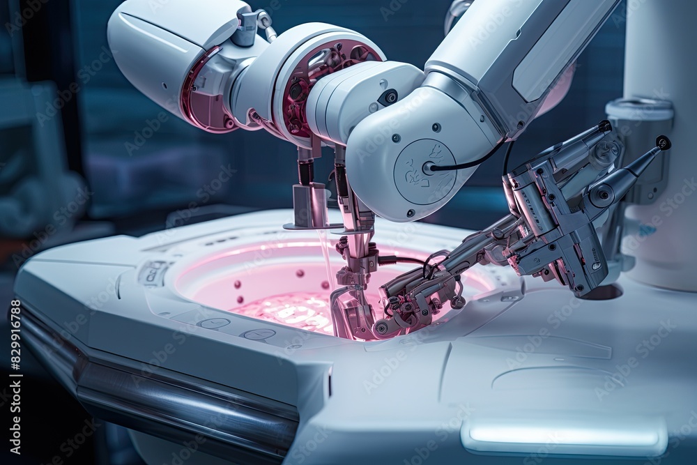 Poster a robot is operating a laptop computer, A 3D model of a robotic arm performing surgery with delicate precision