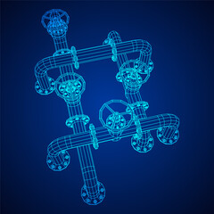 Oil pipeline with valve. Petrol production. Petroleum fuel industry transportation line. Wireframe low poly mesh vector illustration