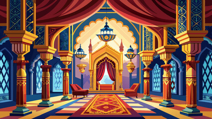 Obraz premium Mughal Palace Design: Ornate Chandeliers, Arches, and Plush Carpets