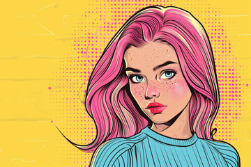 Beautiful woman with pink hair in comic book style art