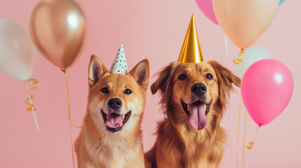 Dogs with balloons and birthday hat