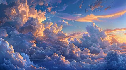 Puffy cumulus clouds dotting the sky like cotton balls, against a backdrop of deep blue and hints of orange at sunset.