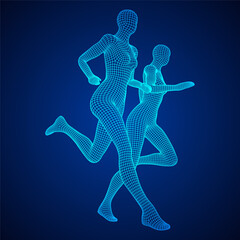 Fototapeta premium Running woman. Sprinter silhouette. Wireframe low poly mesh vector illustration