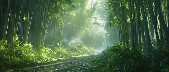Tranquil Bamboo Forest: Lush bamboo forest with sunlight filtering through dense foliage, casting...
