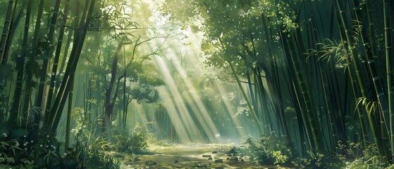 Tranquil Bamboo Forest: Lush bamboo forest with sunlight filtering through dense foliage, casting dappled shadows. Serene atmosphere invites immersion in nature's calming beauty.