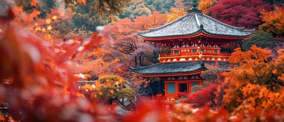 Autumn Temple: Picturesque Japanese temple surrounded by vibrant red, orange, and gold autumn foliage. Stunning backdrop highlights serene temple architecture, capturing the essence of autumn in Japan
