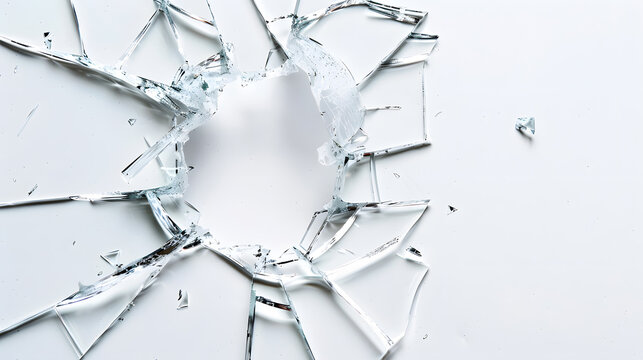 Broken glass on white background with hole, close up photo. Generative AI.