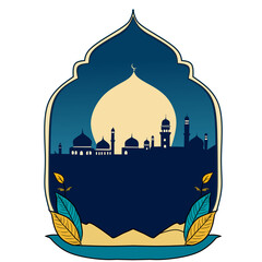 Eid Al Adha festival. Greeting card with sacrificial sheep and crescent on cloudy night background. Eid Mubarak theme. Vector illustration.