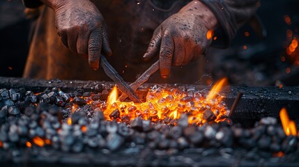A blacksmith's hands tempering metal in a forge, using tongs to handle the hot material. Minimal and Simple style