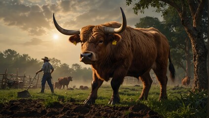 A historical scene depicting the mighty ox as an emblem of strength and endurance in agricultural labor ai_generated
