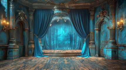 Vintage theater stage with blue curtains and wooden floor