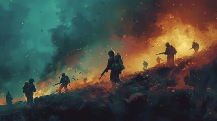 determined soldiers advancing through battlefield intense warfare scene digital concept illustration