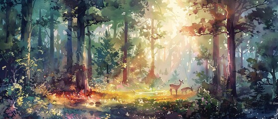 Vibrant Forest Serenity: a traditional Japanese forest in vibrant watercolor hues. Sunlight filters through dense canopy, casting dappled shadows on the forest floor. Family of deer grazed peacefully.