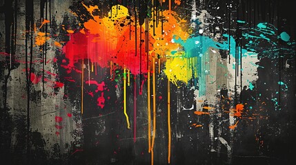 Colorful paintings with splashes of paint that create a sense of chaos and energy. The colors are bright and bold, and the splashes appear randomly placed