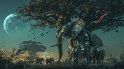 Illustrate the unexpected sight of a robotic owls surveillance over a family of elephants resting under a towering baobab tree, its detailed feathers reflecting the moonlight