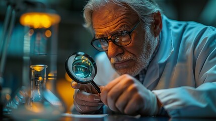 A scientist's hands examining a sample under a magnifying glass, looking for tiny details. Minimal and Simple style
