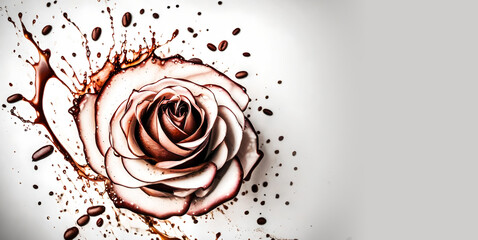 coffee background with splash of liquid coffee and beans over bright background with copy space
