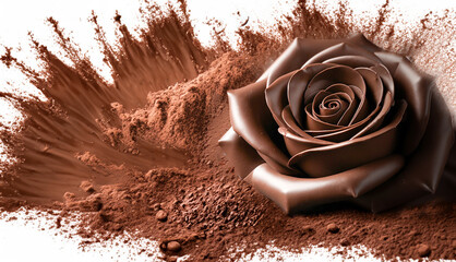 beautiful brown chocolate rose in explosion of cocoa powder, photorealistic illustration for food background