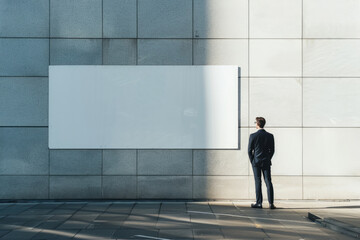 Business person standing near a blank billboard in urban area