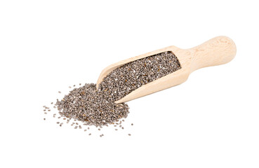 Chia seeds in wooden scoop isolated on white background