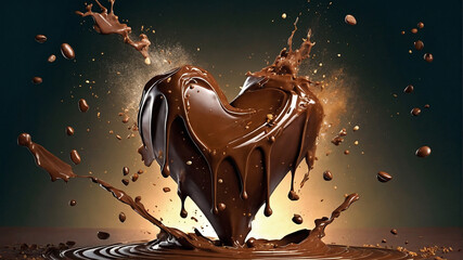 splash of chocolate with chocolate heart, photorealistic illustration of I love chocolate concept 