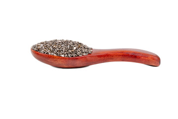 Small wooden spoon with chia seeds isolated on white background