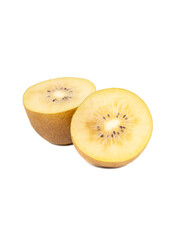Two juicy halves of gold kiwi fruit isolated on white background