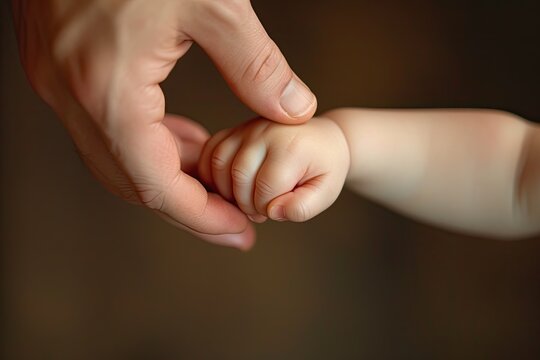 a baby's hand is held by a parent, A chubby baby holding onto a parent's fingers