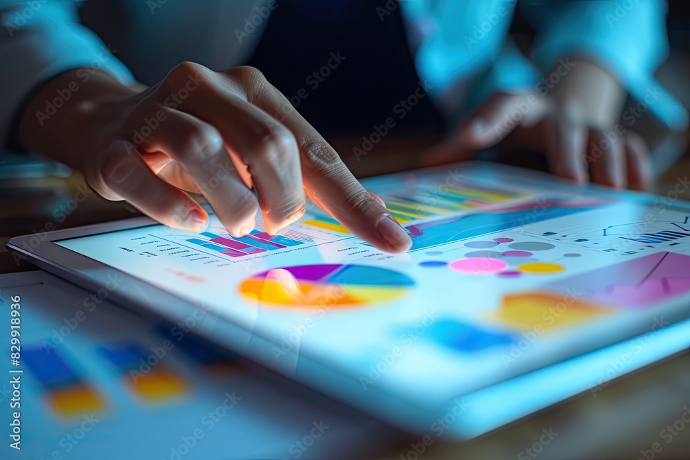 Poster a man in a suit using a laptop computer, business consultants analyzing financial reports