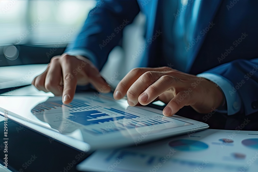 Poster a man in a suit using a laptop computer, business consultants analyzing financial reports