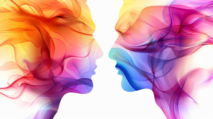 Colorful abstract faces with swirling effects on transparent background