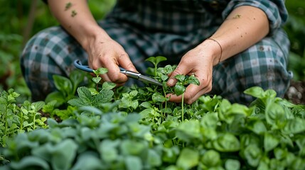 A gardener's hands harvesting fresh herbs, carefully cutting stems with scissors. Minimal and Simple style