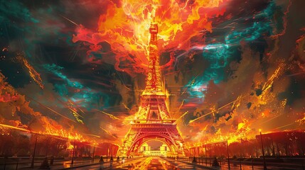 majestic eiffel tower engulfed in vibrant flames surreal aigenerated artwork
