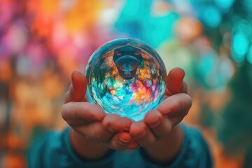 a woman holding a glass ball in front of her face, A counselor holding a kaleidoscope, reflecting the diverse emotions and experiences of students - Powered by Adobe