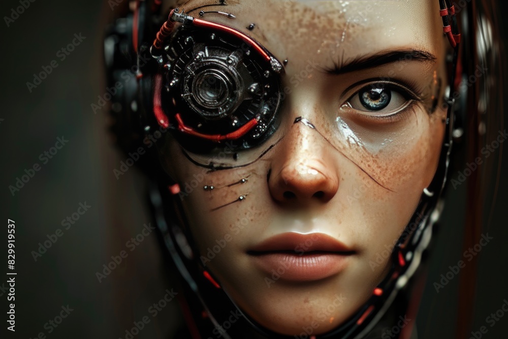 Aufkleber a robot with glowing eyes and a head, A cyborg with enhanced abilities, blurring the lines between human and machine