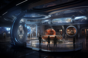 Hi-tech space station with modern metal walls Holographic display and advanced machinery