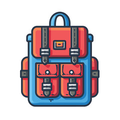 Fototapeta premium Bright Red and Blue Backpack Illustration with Multiple Pockets and Straps
