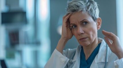 Clinical error, mental health crisis, or anxiety depresses lab scientist, headache, or senior woman. Science risk, stress, or failure causes pain, migraine, or senior lab worker fatigue.