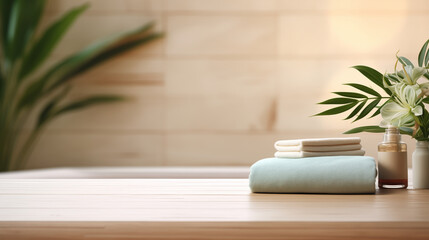 wooden table with a towel and a bottle