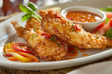 Culinary extravaganza. Indulging in delicious fried fish with fine sauce