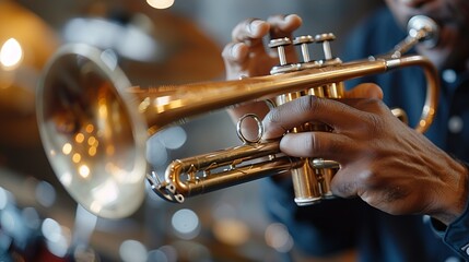 Obraz premium A musician's hands adjusting the valves on a trumpet, preparing to play. Minimal and Simple style