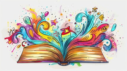 Colorful book painting with decoration of various shape elements on white background